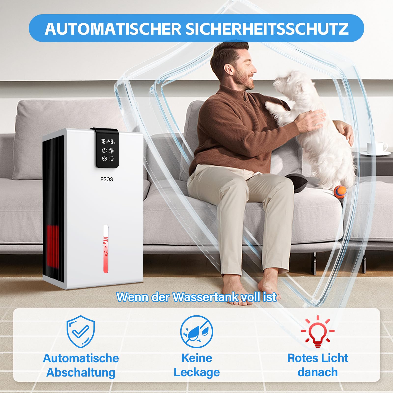 PSOS Luftentfeuchter, 2800ML Elektrischer Luftentfeuchter mit Ultra-Leise Automatischer Abschaltung, 7 Farben Licht Entfeuchter für Keller Badezimmer, Raumentfeuchter Dehumidifier für Schlafzimmer