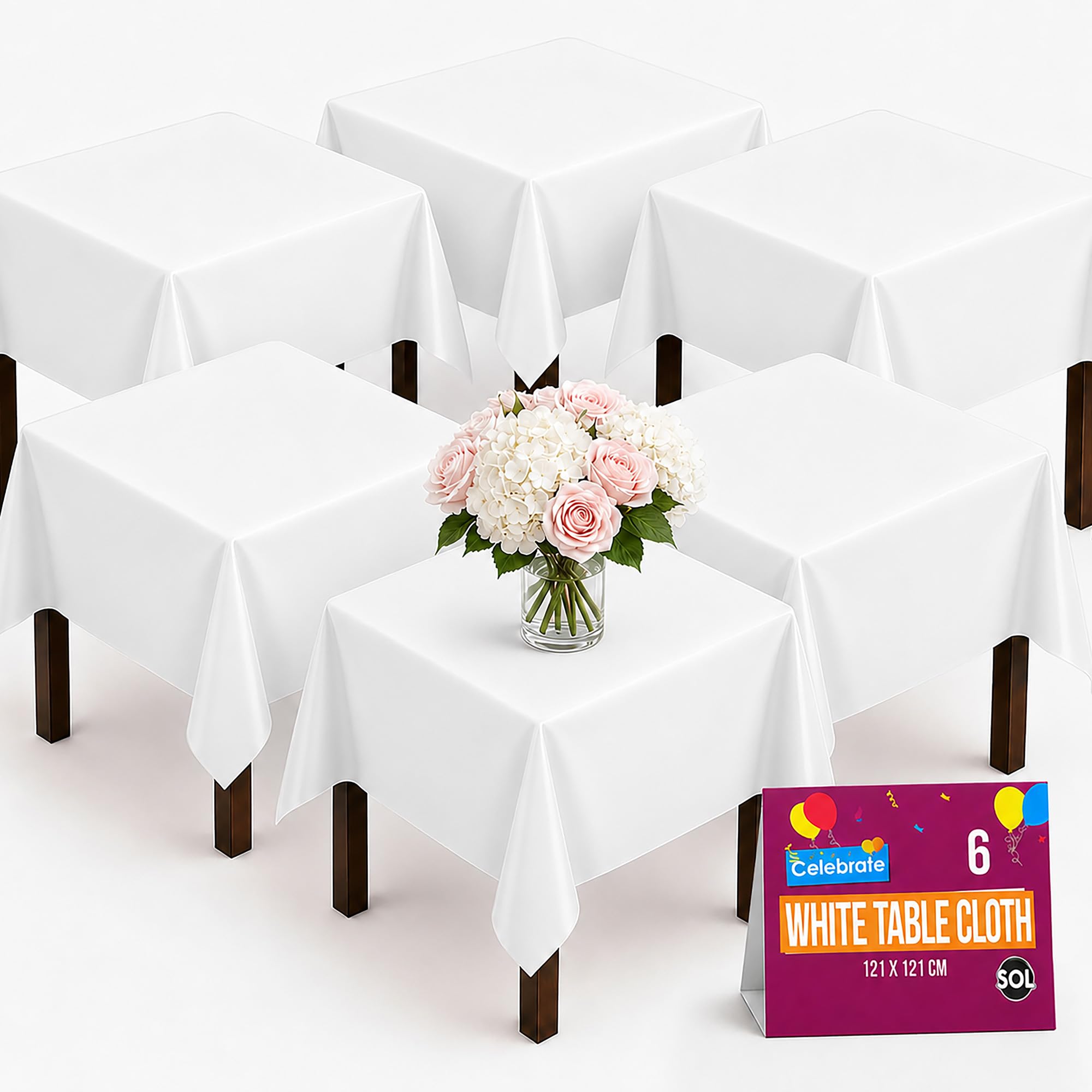 Sol White 6Pk Table Cloth Party - Plastic Table Cover 121X121cm