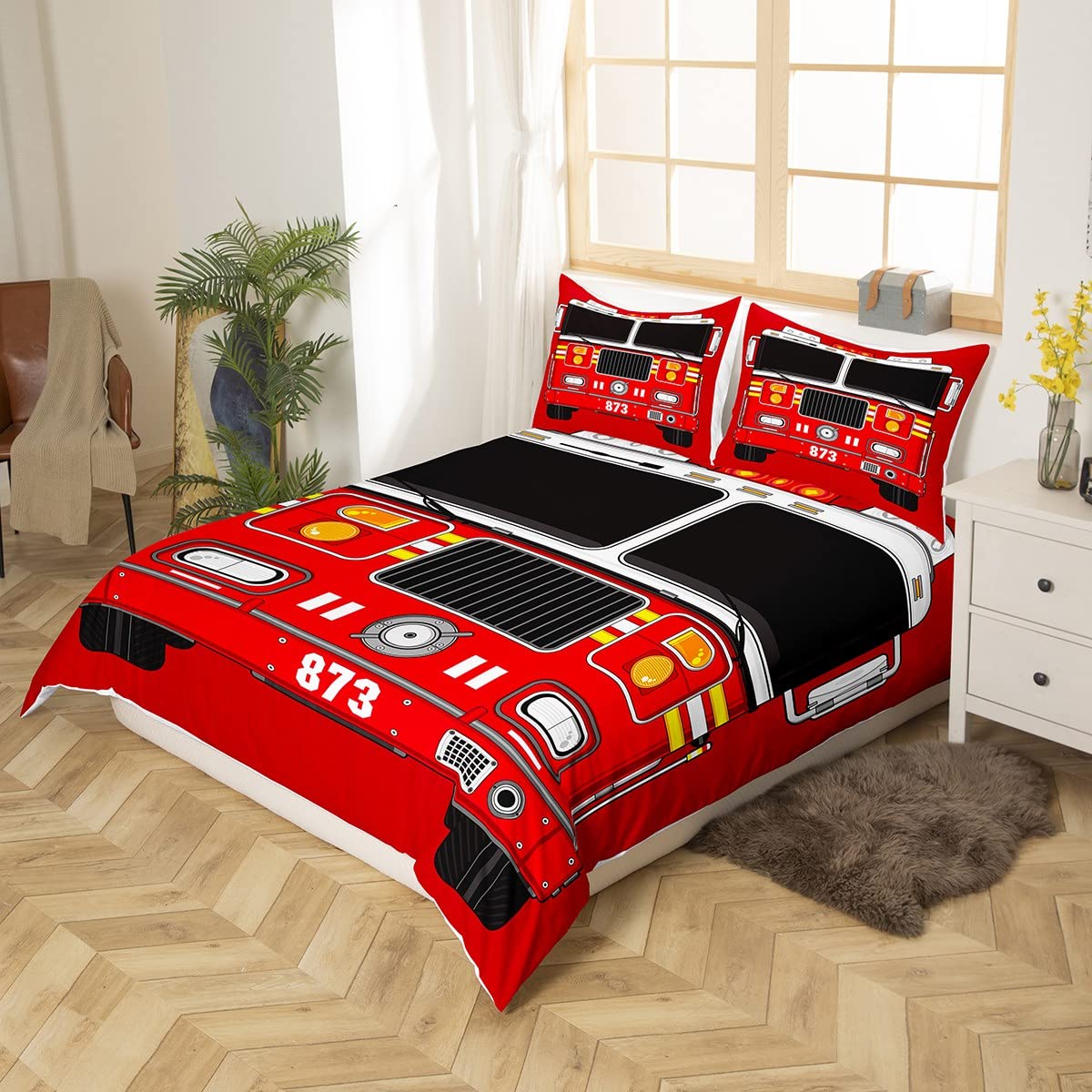 Manfei Fire Truck Duvet Cover Set King Size, Red Fire Engine Comforter Cover with 2 Pillowcases - Image 2