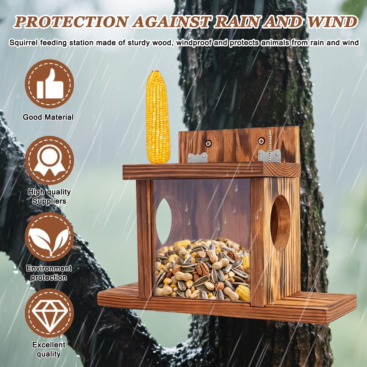 Eichhörnchen Futterhaus, Eichhörnchen Futterstation Wetterfeste, Eichhörnchenfutterstation zum Aufhängen, Futterstation Eichhörnchen Haus aus Langlebigem Holz mit 2 Eingängen & Sitzplattformen