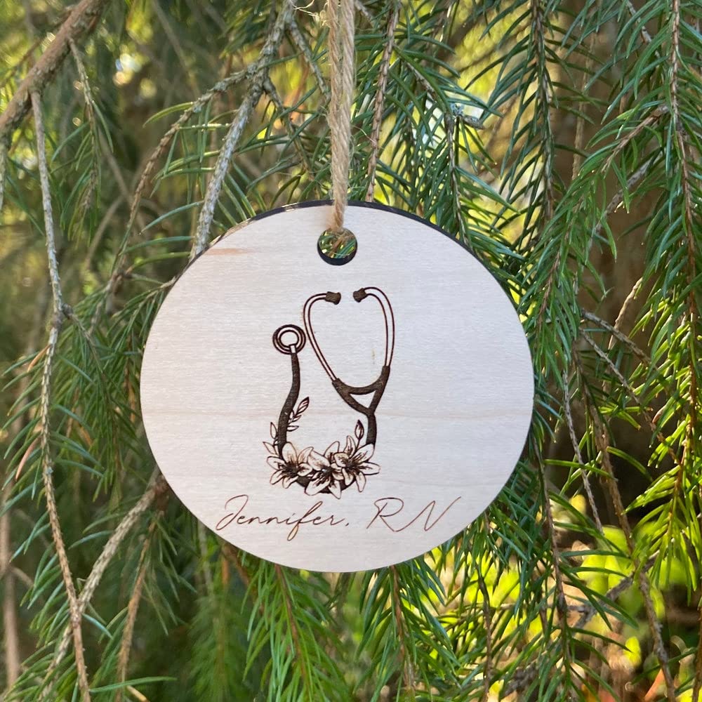 MG Global - Custom Engraved Personalized Healthcare Hero Ornament | Custom Name | Stethoscope| Nurse Rn Rpn Md Np Rt CNA Paramedic Vet Tech - Tree Decoration - Indor Wooden