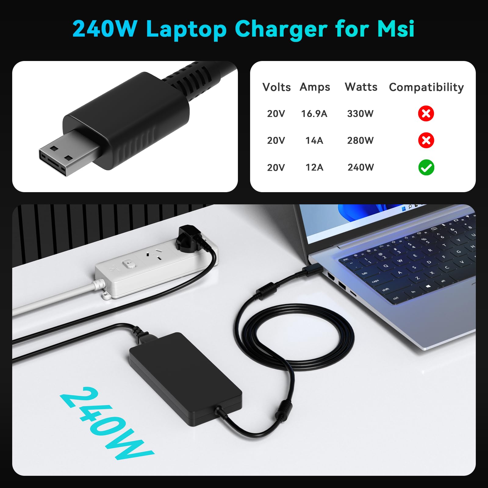 Caricatore 240W 12A Alimentatore Compatibile con MSI Leopard GP66 GP76 Raider GE66 GE76ADP-230GB D A17-230P1B A20-240P2A Notebook 20V DC Adapter Caricabatterie