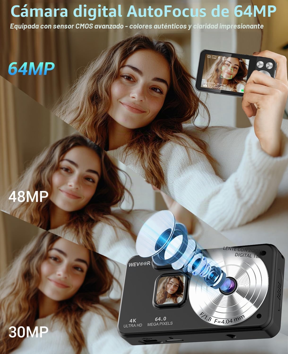 Cámara de Fotos 4K 64MP, Wevoor Camara Digital 32GB para Principiantes | Pantalla 2.8", Compacta, Zoom Digital 18x, Batería 2000mAh, Para Adultos Niños Adolescentes - Negro