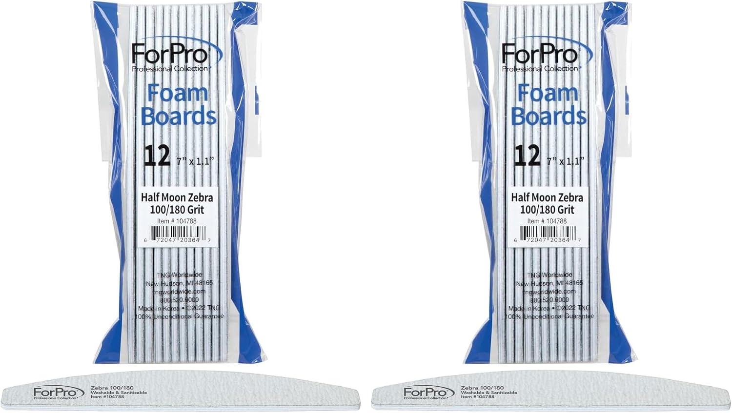 ForPro Professional Collection Half Moon Foam Boards, Zebra, 100/180 Grit, Double-Sided Manicure and Pedicure Nail Files, 7” L x 1.1” W, 12-Count