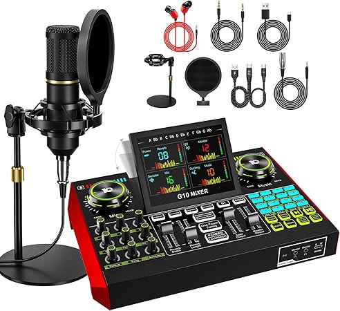 Podcast Microphone Bundle with Live Sound Card Audio Mixer, Podcast Equipment Bundle with 3.5mm BM800 Microphone for Pc/Youtube Live Streaming Singing Gaming, Sound Board with Voice Changer, Denoise