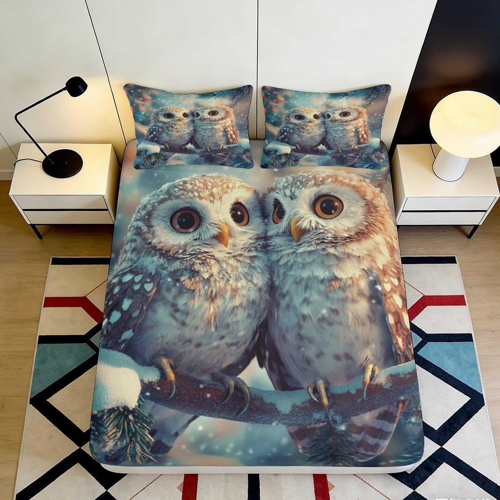 3D Printed Snowy Owl Fitted Sheet Microfiber Soft Anti-Slip Forest Branch Bed Cover for Bedroom Guest Room Decor 90x200x25cm