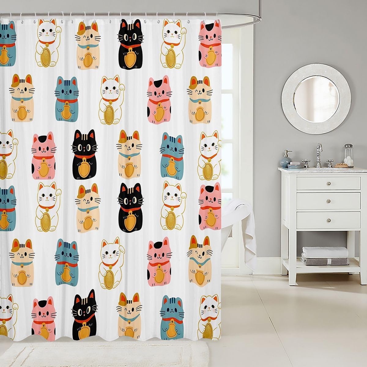 Homewish Funny Cat Shower Curtains Pet Animals Kitten Bathroom Curtains,Anime Style Waterproof Bath Curtains with 12 Hooks Suit for Bathtub,Black Pink Kids Boys Girls Room Decor, 72" W x 72" L image 2