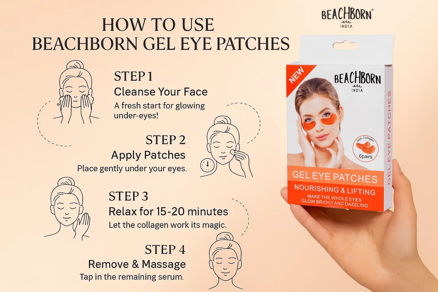 BEACHBORN INDIA Gel Eye Patches 6 Pairs Nourishing & Lifting Hydrating & Refresh for Puffy Eyes, Under Eye Bags & Dark Circles, Natural Collagen Eye Gels Pads, Crystal Anti-Aging Eye Mask(ORANGE) 2