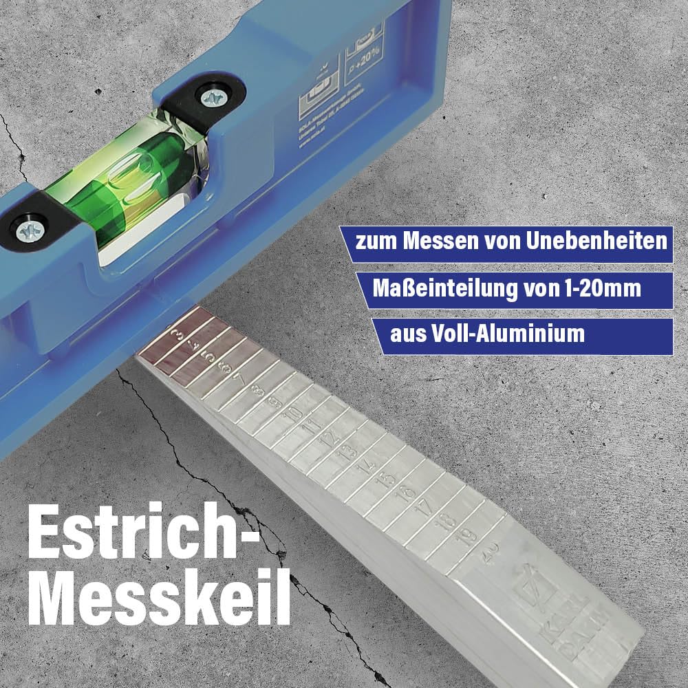 Karl Dahm Estrich-Messkeil aus Vollaluminium – Präzises Messen von Unebenheiten & Neigungen | Maßskala 1–20 mm | Ideal für Fliesenleger & Bodenverleger