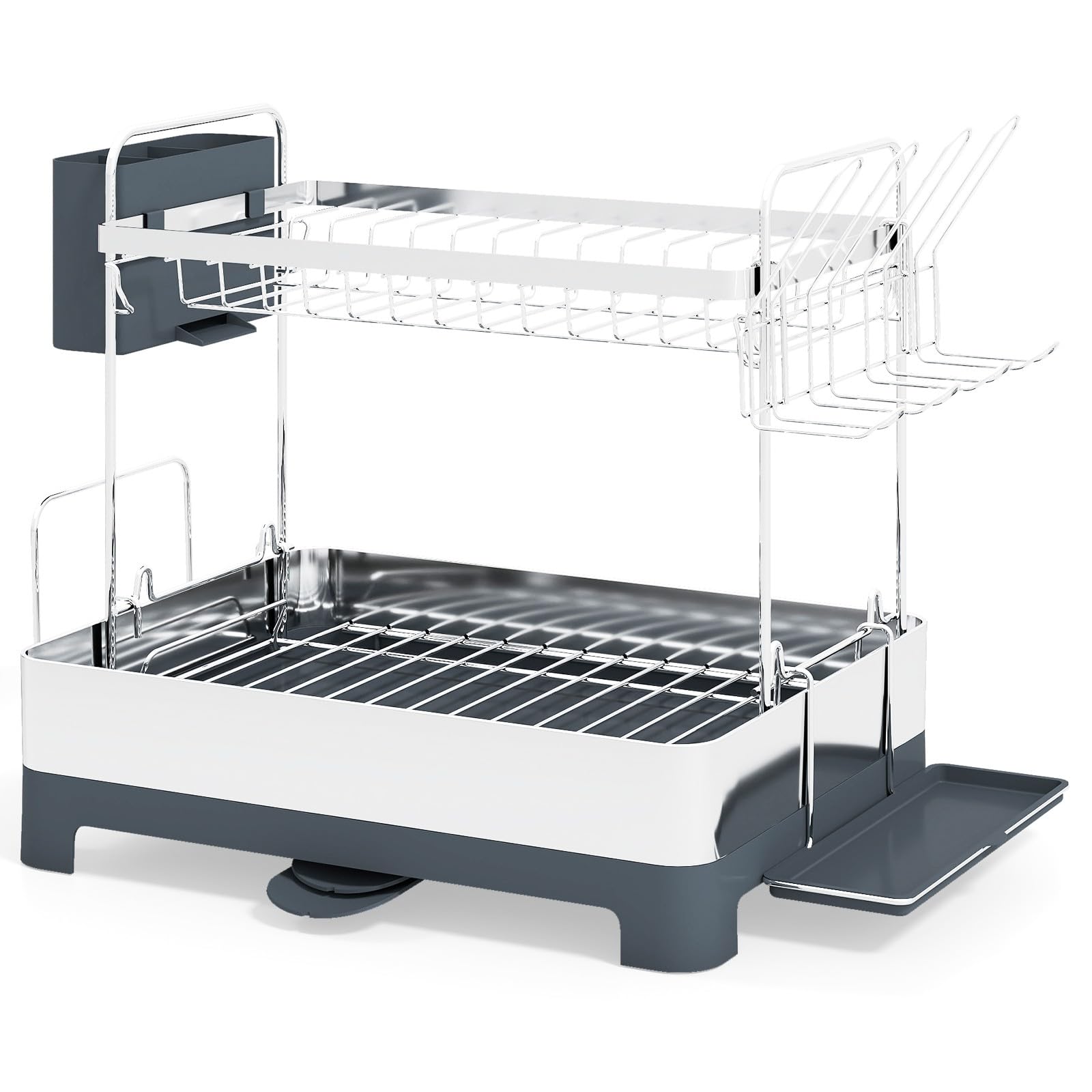 GOPLUS Escurreplatos de Acero Inoxidable, Escurridor de Platos de 2 Niveles con Bandejas de Goteo, Caja para Cubiertos, Portavasos, Soporte para Tabla de Cortar, Estante Escurre Platos para Fregadero