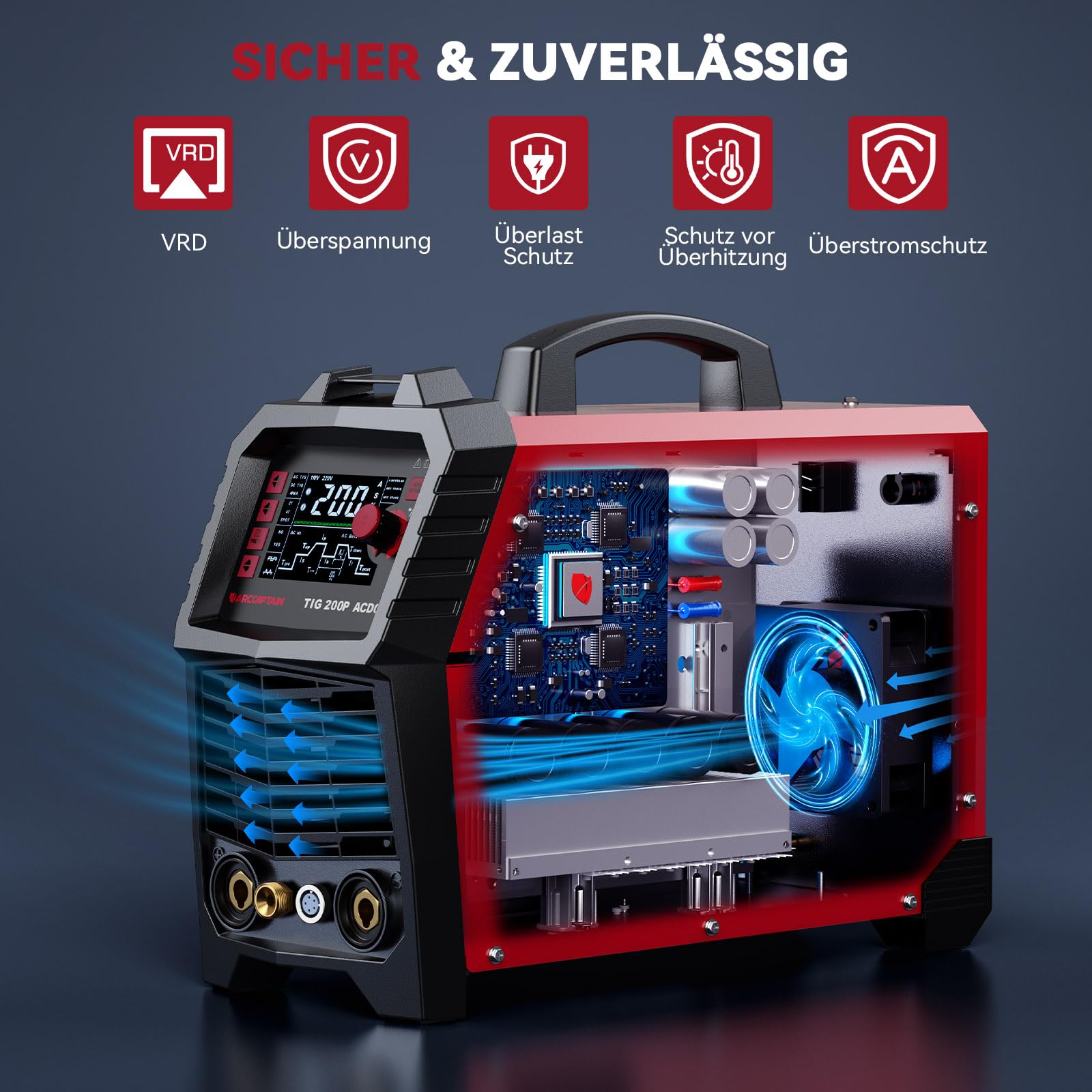 ARCCAPTAIN 200Amp WIG Schweißgerät AC/DC mit Pulsfunktion 230V, Aluminium Schweißen, WIG-Schweißgerät mit Rechteckwellen/Dreieckwellen Punktschweiß, MMA, IGBT 7 in 1 Alu Schweißgerät