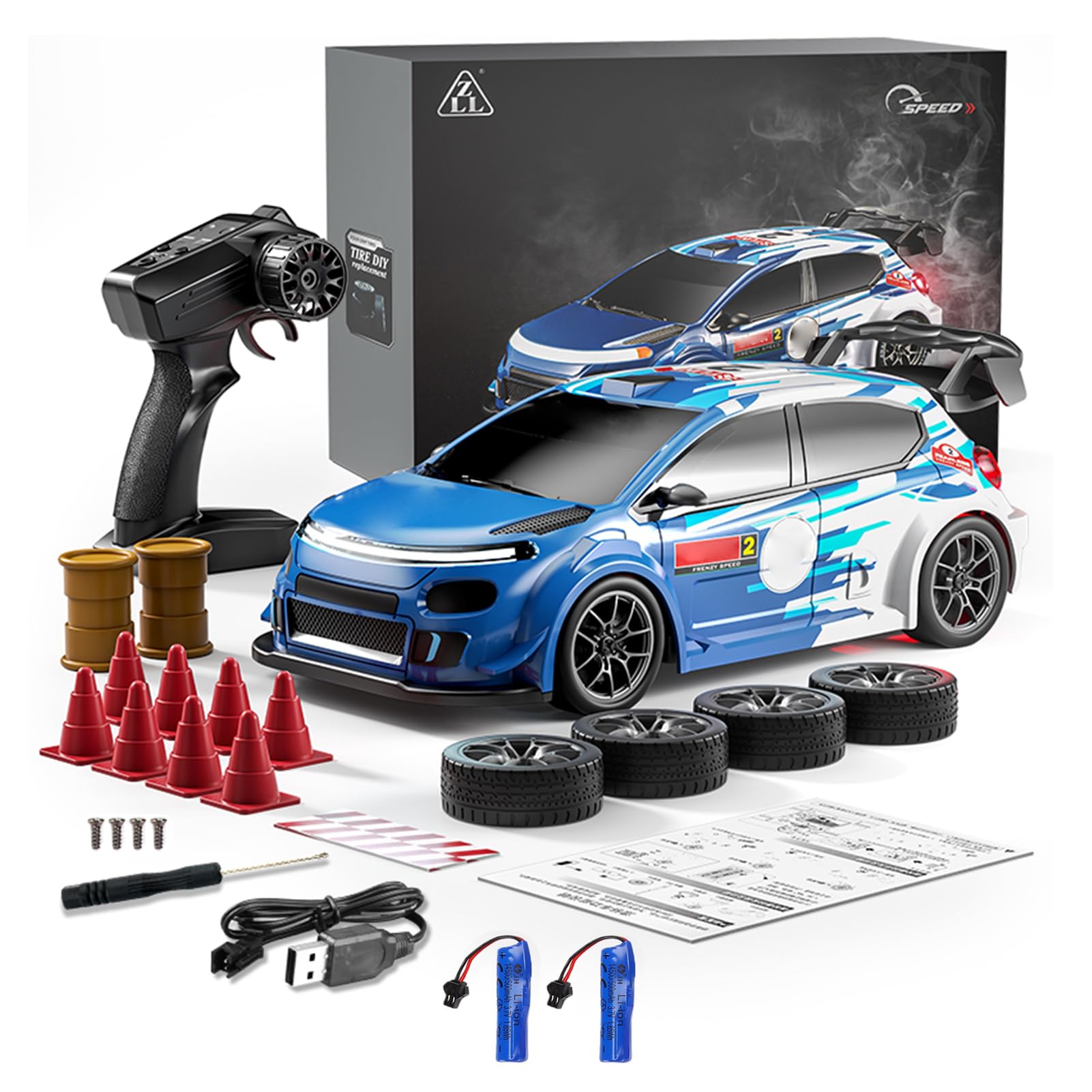 Goolsky 1/24 RC Drift Car 4WD RC Racing Car 2,4 GHz Veicolo radiocomandato con pneumatici intercambiabili, luci a LED, ricaricabile, 20 km/h, per interni ed esterni (blu)