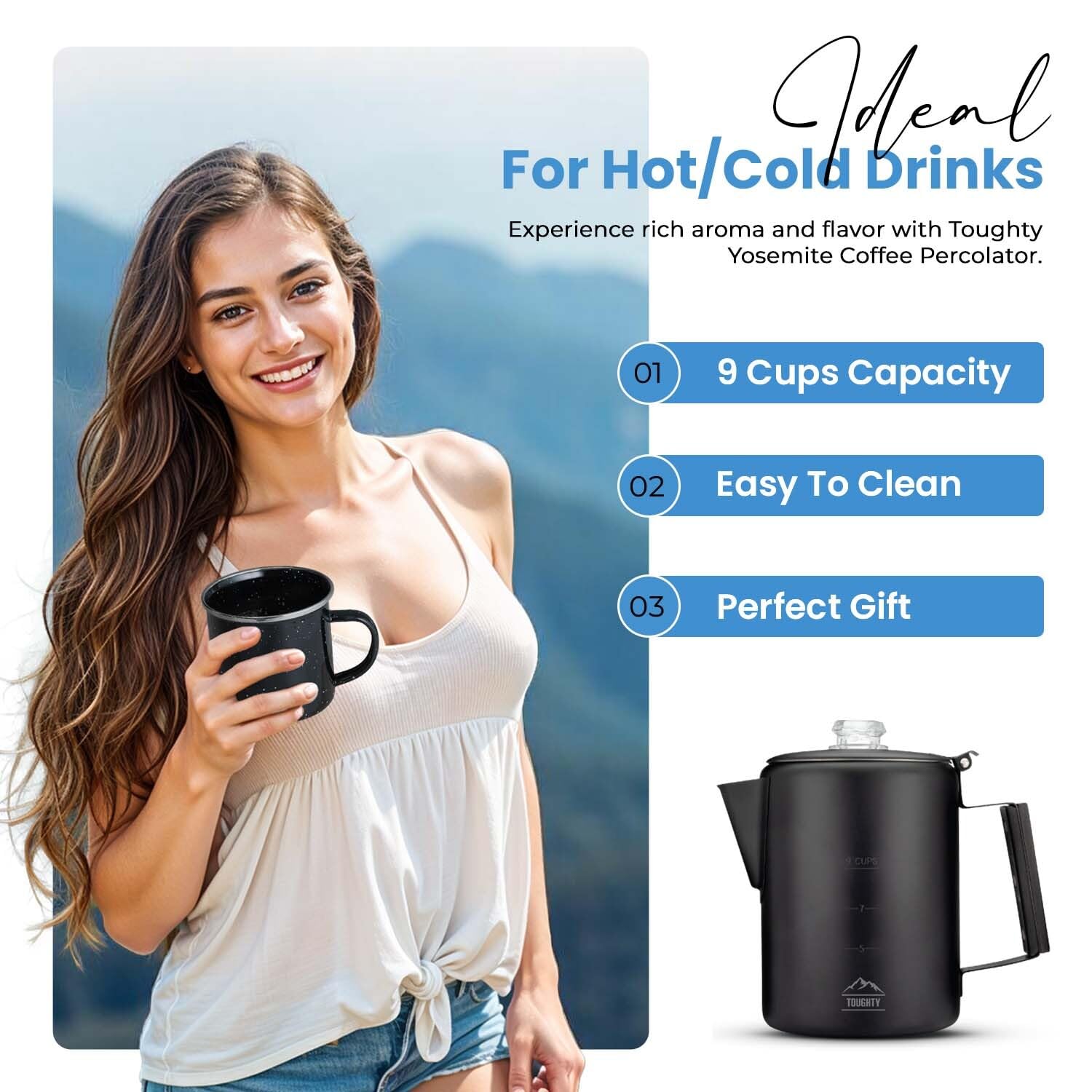 Toughty Yosemite - Cafetera clásica de acero inoxidable, ideal para camping, aventuras al aire libre y percolador en el hogar, perfecto para estufas de gas, eléctricas e inducción, 9 tazas