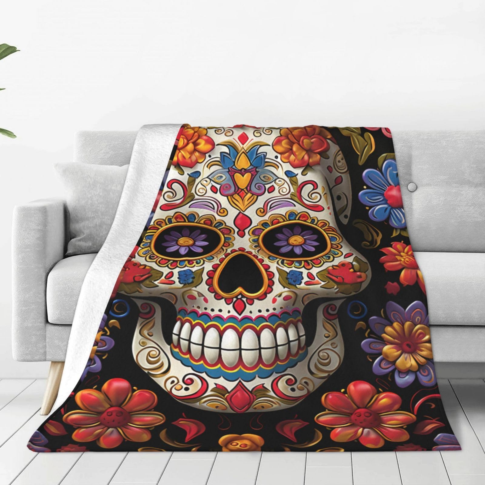 KLOPH Sugar Skulls Throw Blanket 50"x40" Flannel Fluffy Warm Blanket for Couch, Reversible Plush Blankets for Bed, Comfy Fuzzy Blanket for Sofa, Plush Lightweight-Blankets for All Season