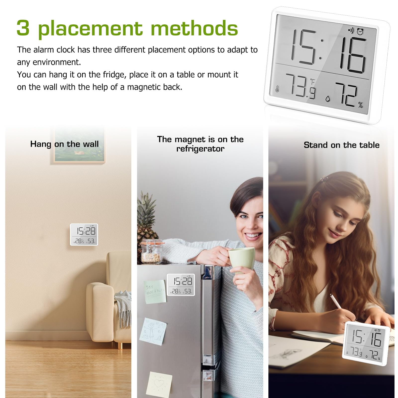 WIYETY Réveil Numérique: Petite Horloge de Voyage Numérique avec Température et Humidité, 12/24 Heures ℃/℉, Réveil à Suspension Magnétique Murale pour Cuisine et Salle de Bain (Blanc