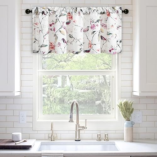 Miniatura 217 de VOGOL Cenefas con patrón de pájaros para ventanas de cocina, cenefa texturizada de lino con estampado floral y pájaros para ventanas pequeñas