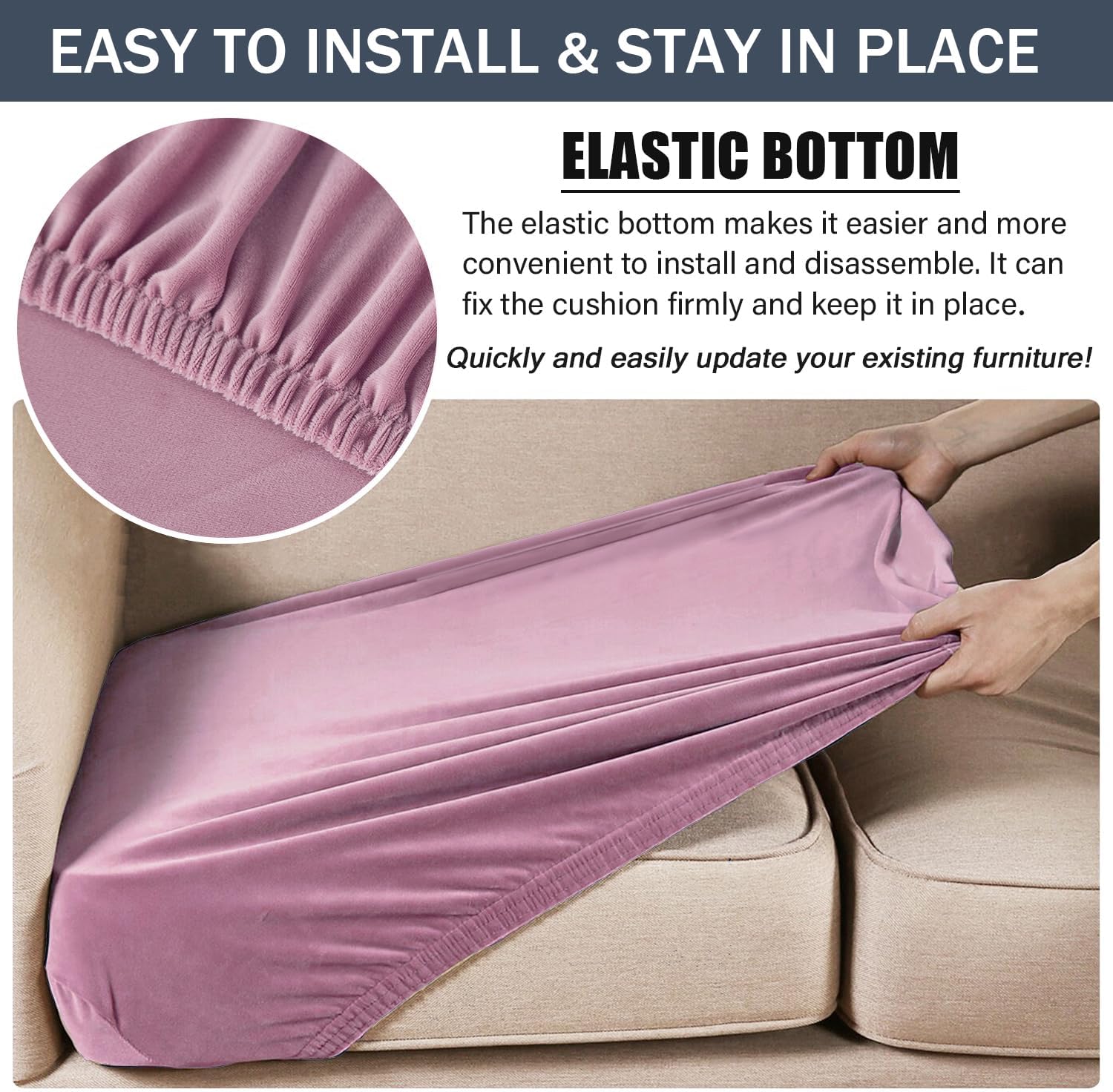 Stretch Cushion Cover, Soft Velvet Plush Cushion Slipcovers Loveseat Sofa Covers Couch Seat Covers Furniture Protector with Elastic Bottom (Large, Pink)