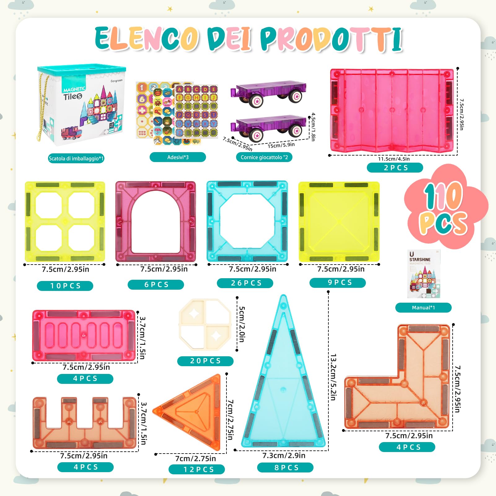 Gavgroom Costruzioni Magnetiche 110 Pezzi Colorati Costruzioni per Bambini 3 Anni Magneti Bambini con 2 Auto Tessere Magnetiche per Bambini da 3 4 5 6 7 8