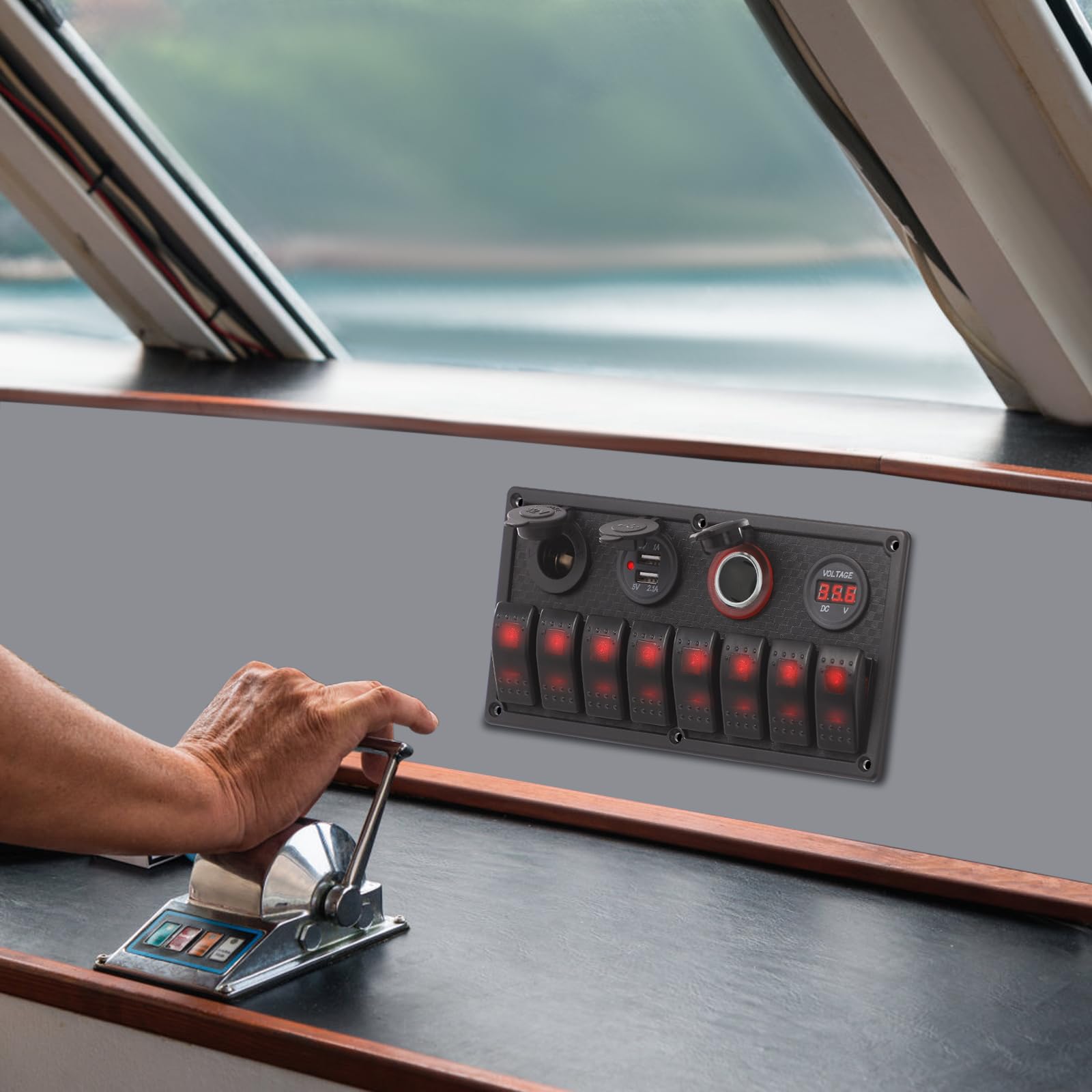 Panel de conmutación impermeable de 8 marchas, 12 V/24 V, multifunción para yates y autocaravanas con voltímetro, cargador USB y enchufe para encendedor de cigarrillos, panel de control LED IP65 para