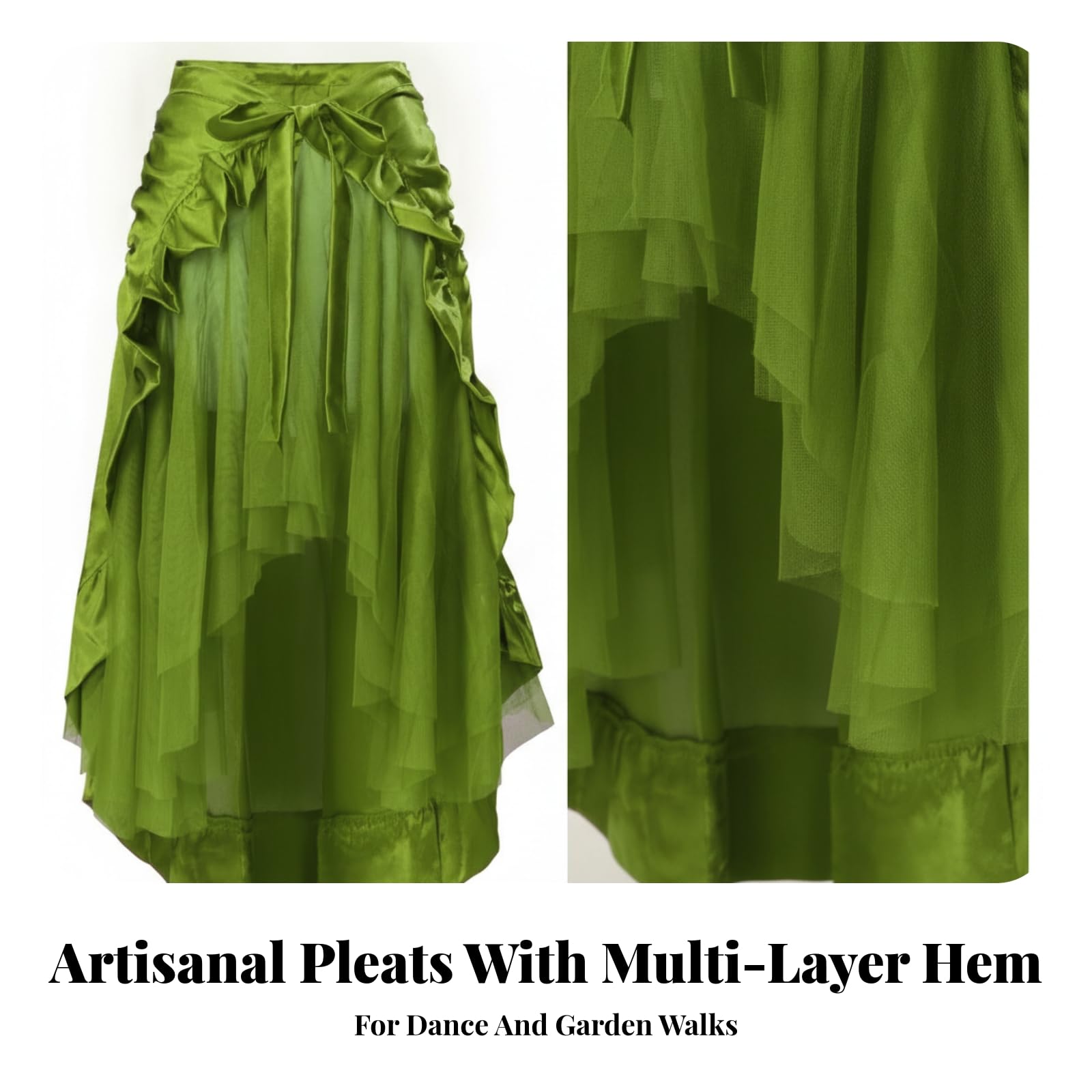 Gonna con Fluida | Bordo Asimmetrico Irregolare, Gonna con, Dettagli Plissettati e Arricciati, Abbigliamento, per Relax, Ballerina, Verde, L