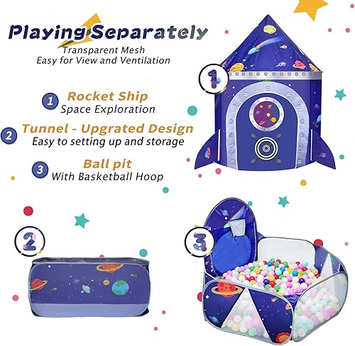 Miniatura 9 de TTLOJ Tienda de campaña de dinosaurio para niños de 3 piezas con hoyo de bolas, túnel de gateo, castillo de juguetes para niños pequeños, regalo