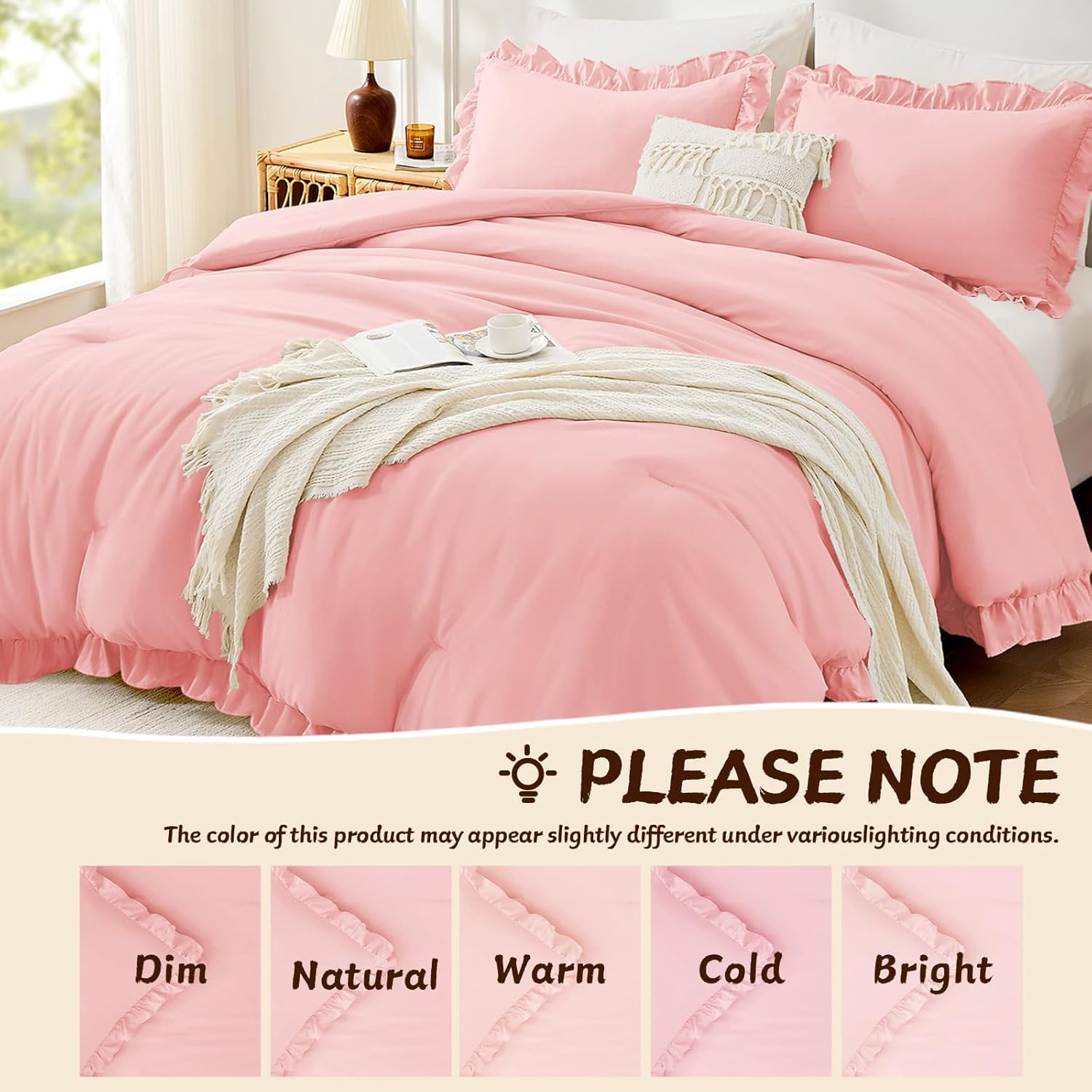 FUANNA Pink Queen Comforter Set, 3 Pieces Ruffle Queen Bed Set, Fluffy Queen Bedding Sets for All Seasons, Shabby Chic Bedding Comforter Sets with 1 Lightweight Comforter & 2 Pillowshams - Image 6
