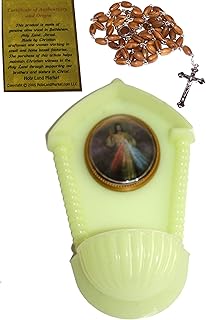 Holy Land Market Luminous phosphorous Divine Mercy Holy Water / Anointing Oil Fountain/Font - (19cm OR 7.5 inches) - with Holy Holy Land Bethlehem Catholic Rosary