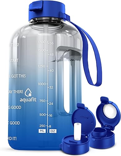 AQUAFIT Botella de agua de medio galón con marcador de tiempo, tapa para popote y beber, botella de agua para gimnasio sin BPA con pajilla, jarra
