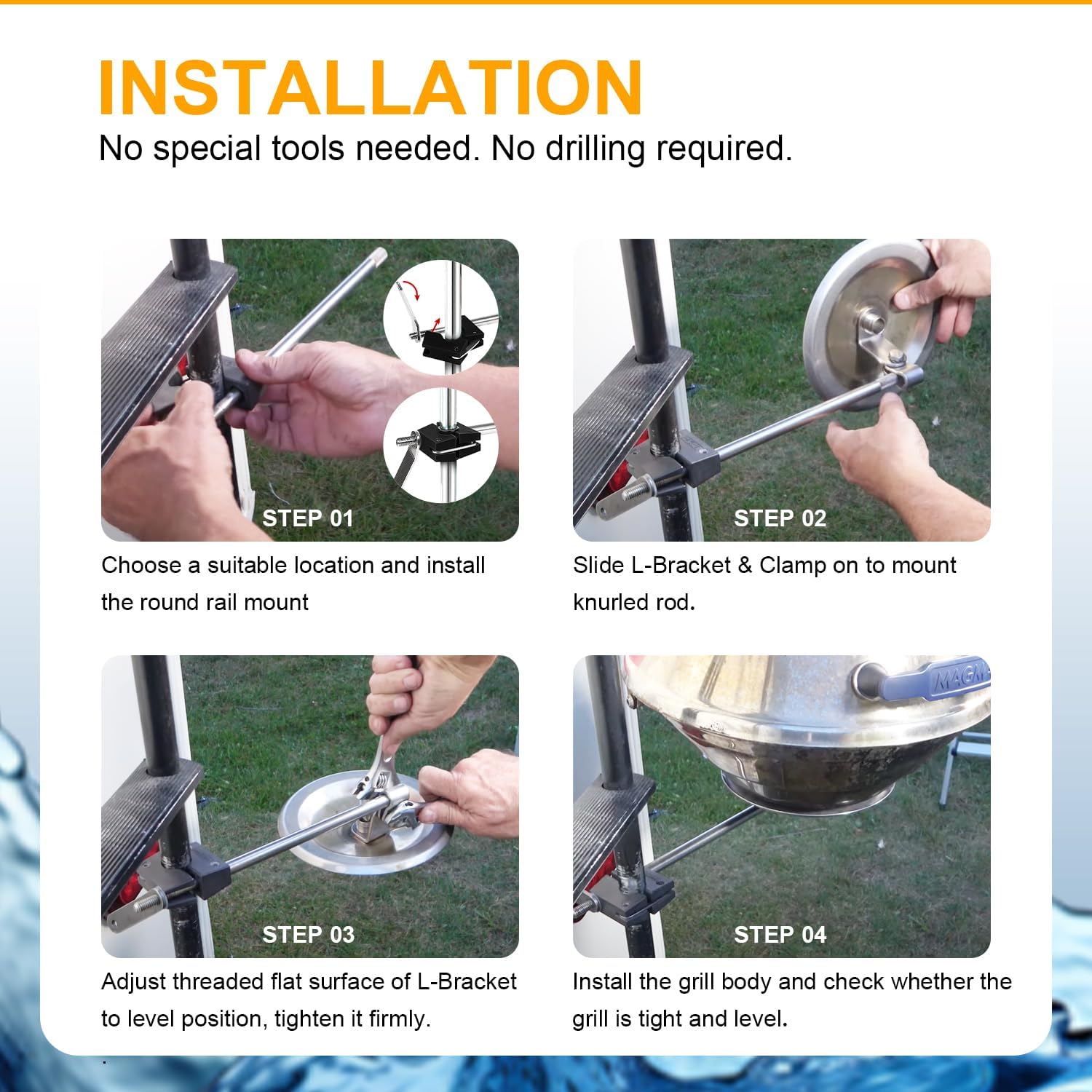 Round Rail Grill Mounting Hardware Kit for Standard 7/8" or 1" Rails, Fit for All Magma Marine Kettles Grill, A10-080