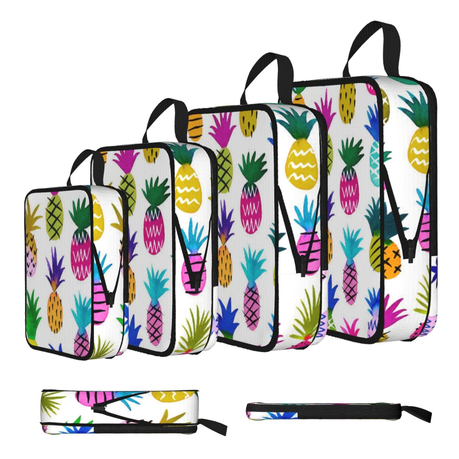 Rainbow Pineapple Print Compression Packing Cubes 4-Piece Set With Multi- Compartment Travel Bag, Waterproof Suitcase Organiser Bags