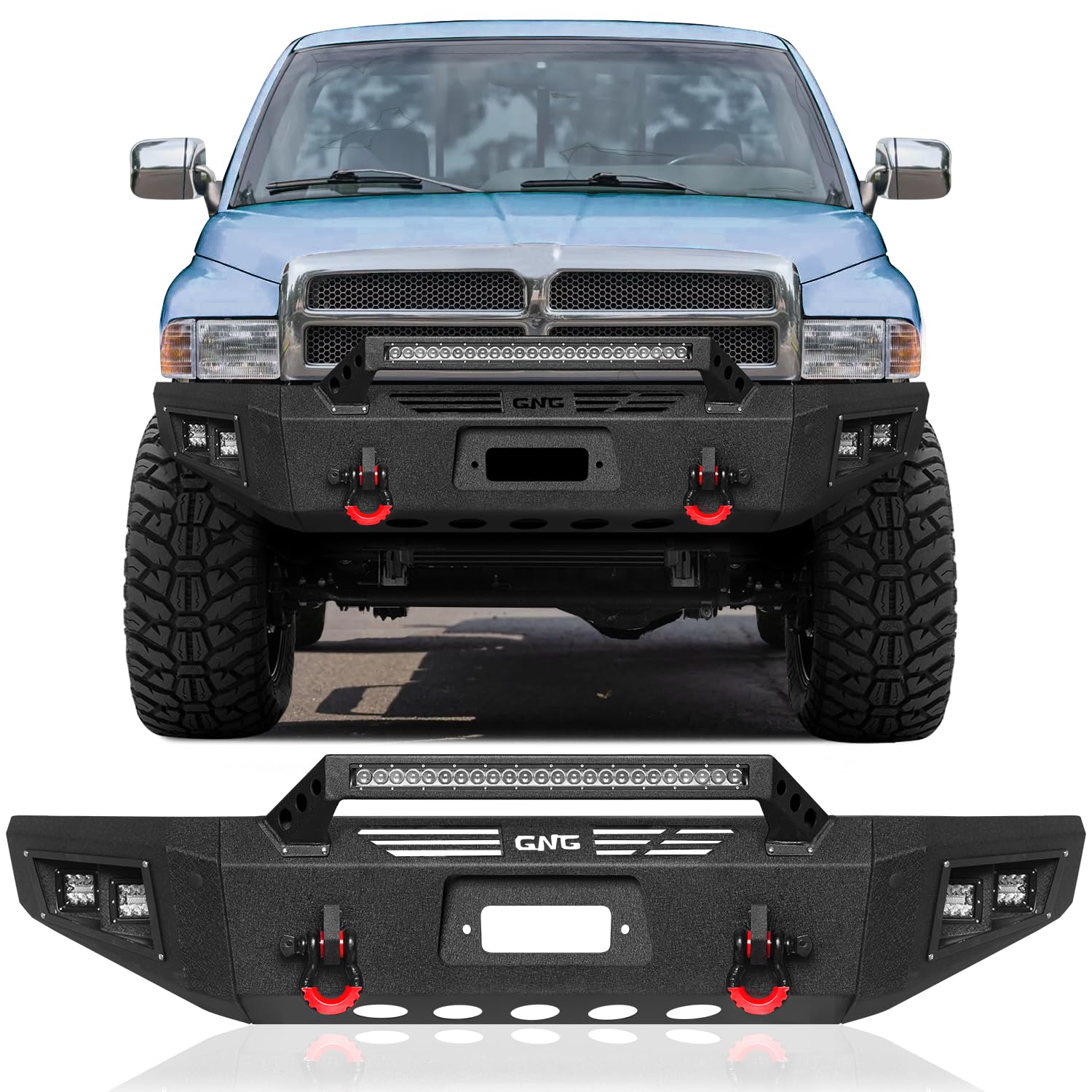 MARSITTER Front Bumper Black Compatible with 1994-2002 RAM 2500/3500 and 1994-2001 RAM 1500 with Winch Plate + LED Spotlights + D-Rings (Front Bumper