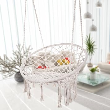 Caromy Hammock Chair Macrame Swing, Hanging Lounge Mesh Chair Durable Cotton Rope Swing for Bedroom, Patio, Garden, Deck, Yard, Max Capacity 265 Lbs White