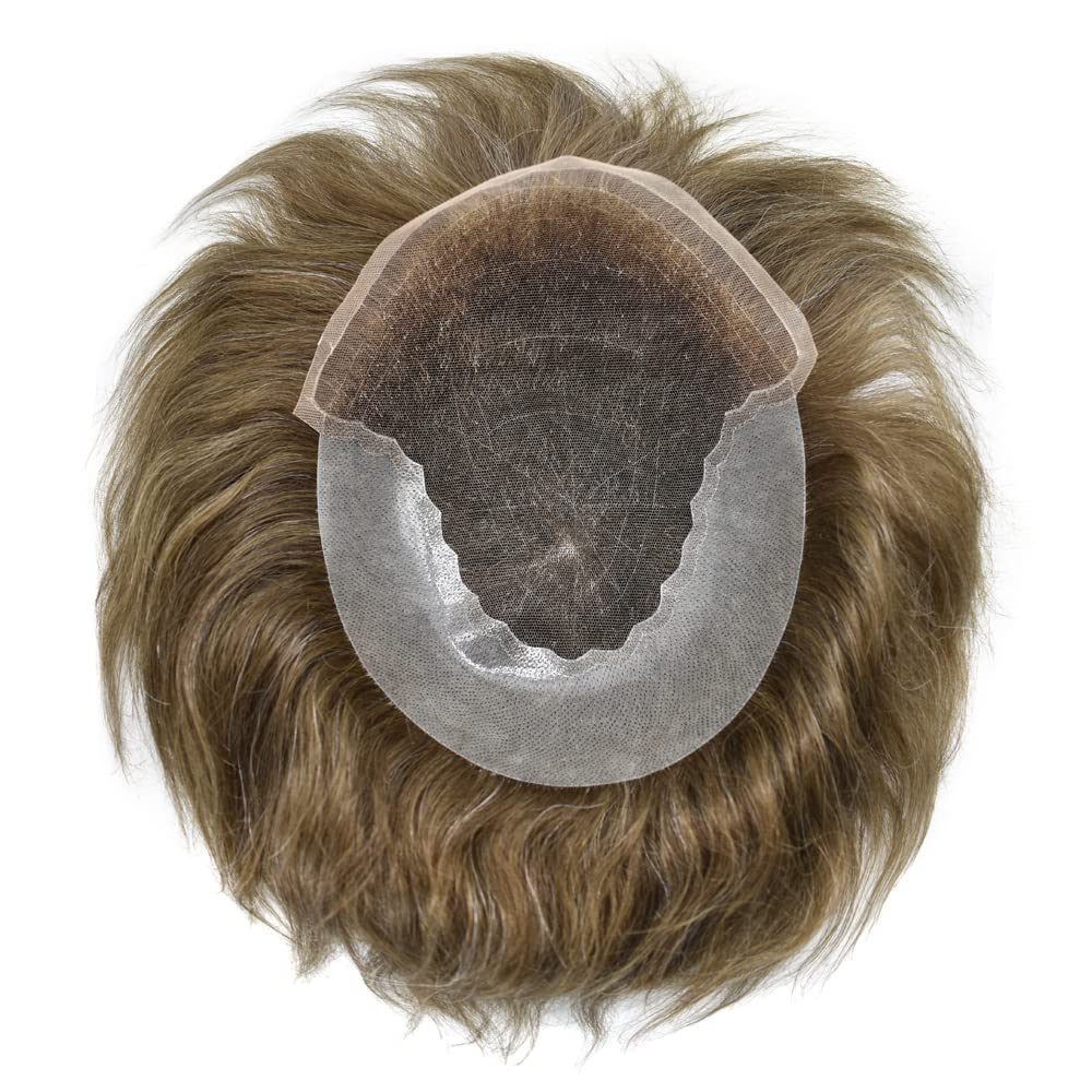 Toupee For Men Swiss Lace Hair Replacement System Virgin Human HairPiece Men’s Toupee Lace Front Hair Restoration For Men Poly PU Skin at Back Hair Unit 7"x9"#5 Medium Light Brown-120% density