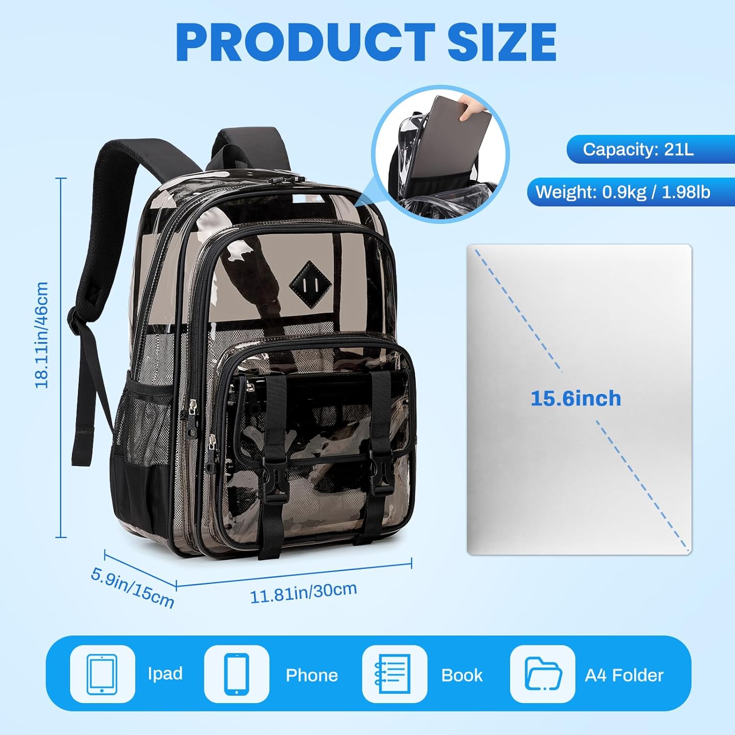 Large Clear Backpacks for School Heavy Duty Transparent Backpack for Stadium Event See through Bookbag for Kids Adult Thick PVC Back Pack, Semi-Black