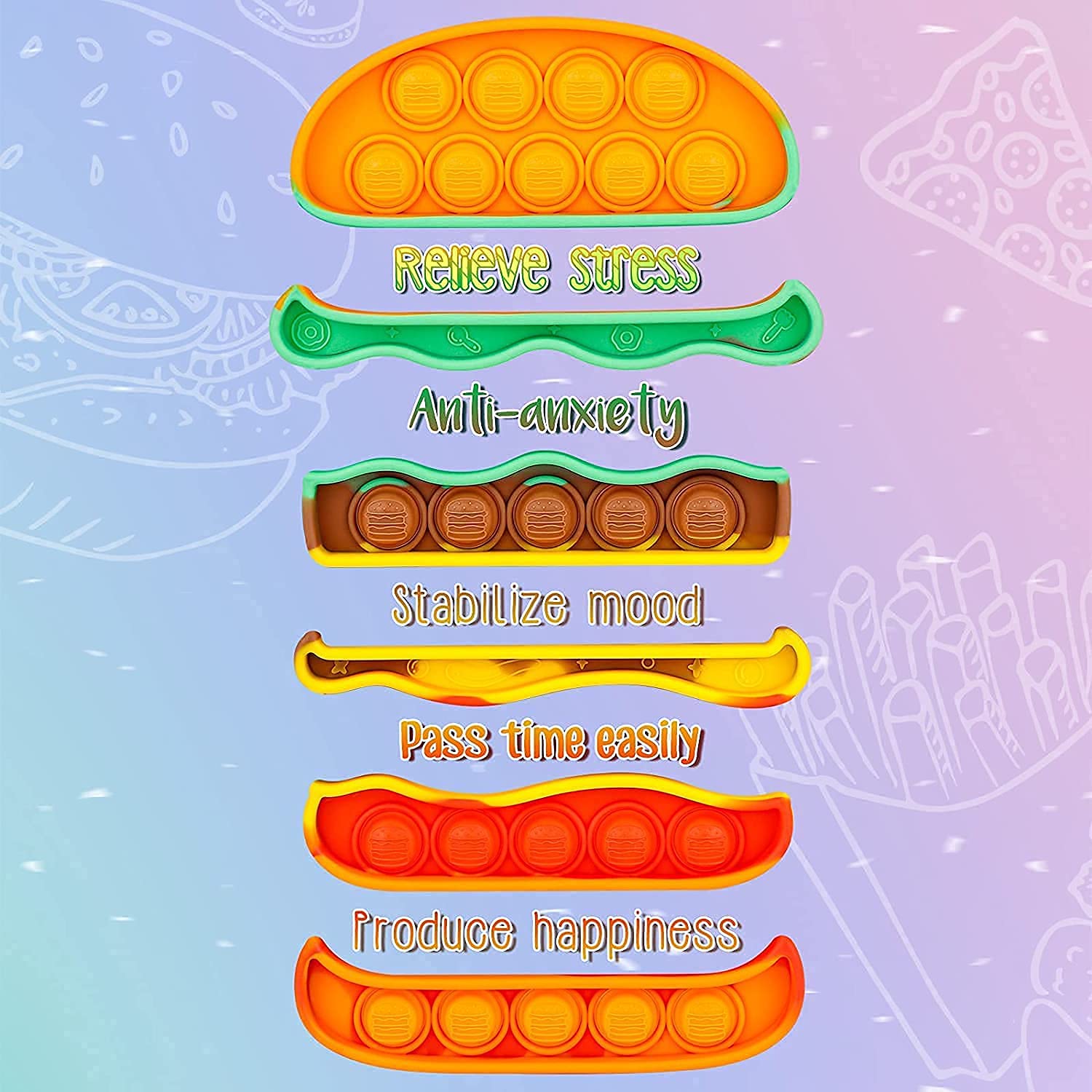 NIYANETAIL Pop It Fidget Toys, Pop it Rainbow Push Bubble Fidget Sensory Toy, Autism Special Needs Silicone Stress Relief Toy, Great Fidget Toy Sensory Toys Novelty Gifts (Burger Fries) 3