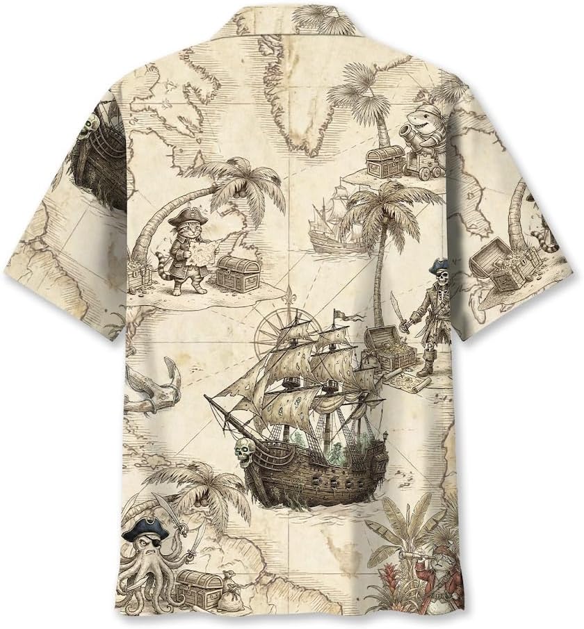 Men’s Pirate Hawaiian Shirt, Funny Skull Crossbones Tropical Aloha, Retro Old Treasure Map & Sailing Ship Button Down - Image 4