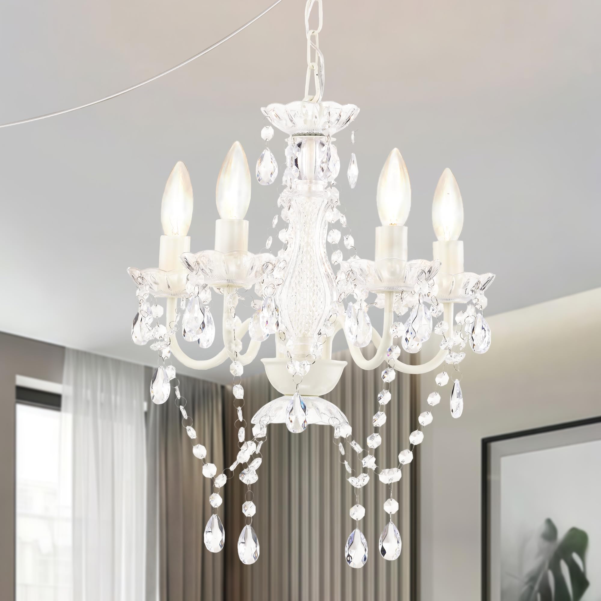 Alighting Kronleuchter Weiß mit Stecker 4-flammig | Kleiner Acryl Kronleuchter mit Kristalloptik Ø41cm, Pendelleuchte für Kleine Räume, Schlafzimmer, Flur, E14