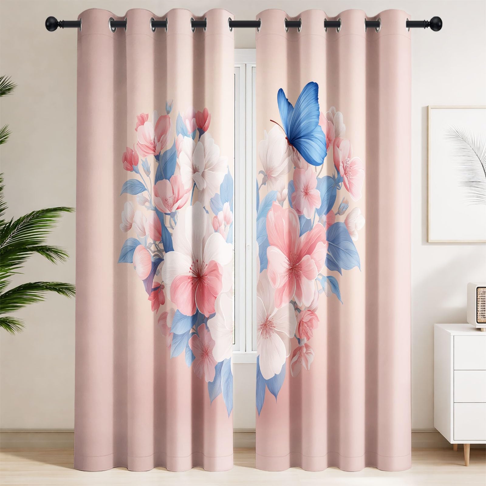 Rideau Thermique Floral Bouquet en Cœur Éthéré, Rideau Occultant Insectes Papillons L 140 x H 260 cm, Rideaux et Draperies Intérieurs à Oeillets Rideau, Rideaux Chambre Salon Fenetre,