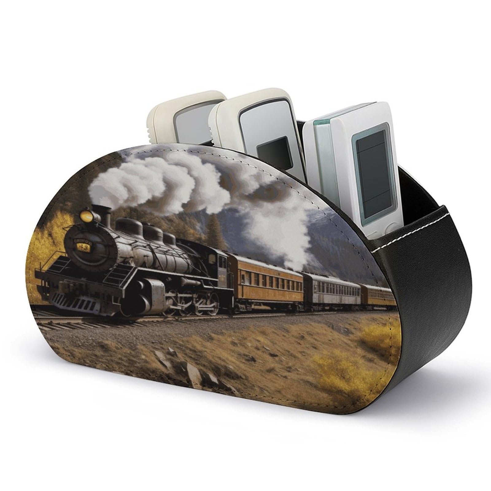 LZQPOEAS Steam Locomotive Train Remote Control Holder with 5 Compartments PU Leather Remote Organizer Box Caddy for Table Nightstand Remote Caddy Desktop Organizer Fits Media Controllers
