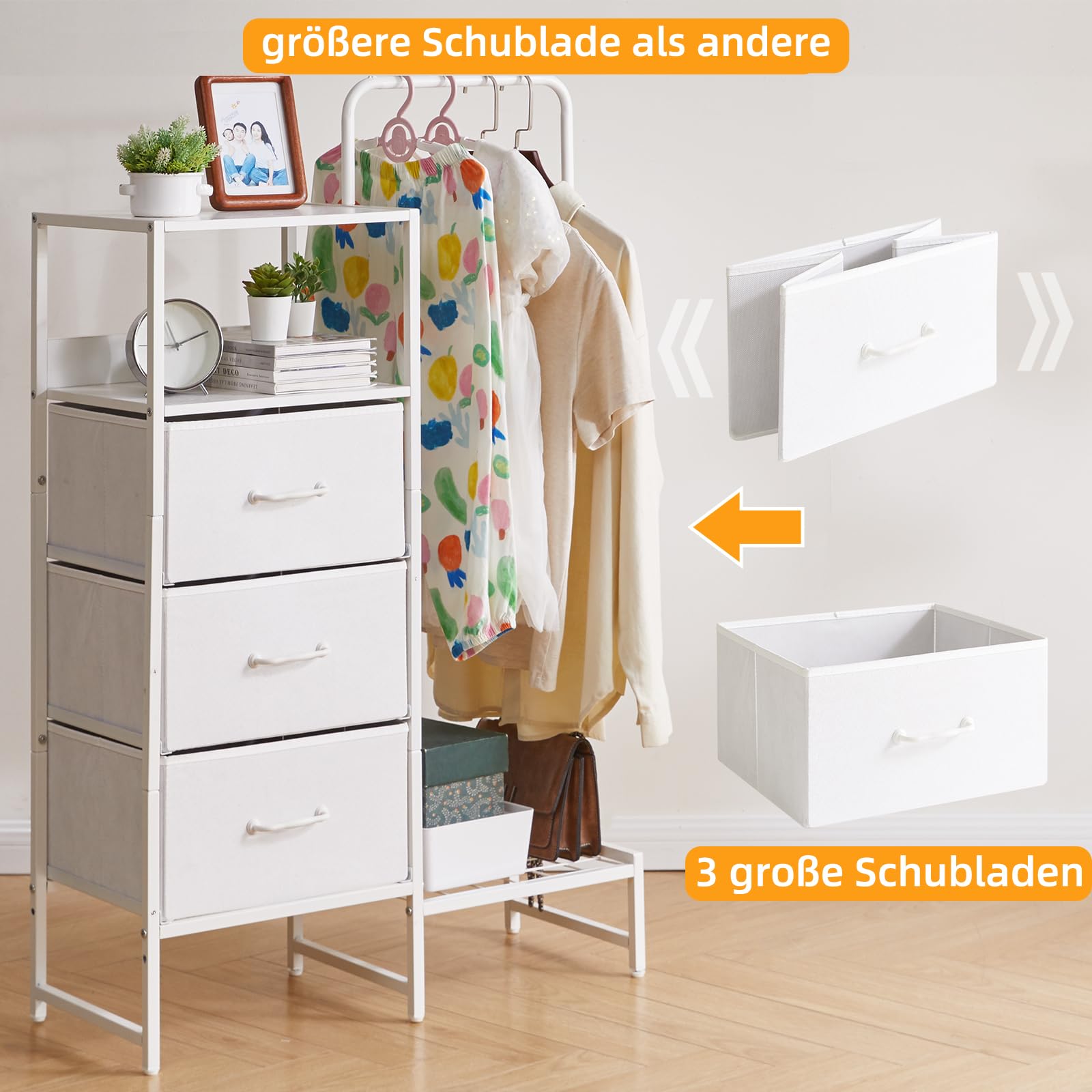 Aibiju Stoffkommode fürs Schlafzimmer, Stoffschubladenschrank mit Regalen und Kleiderstange, wendbarer Kleiderbügel für Flur, Eingangsbereich, Schlafzimmer, Wohnzimmer, Weiß YD-TM081W