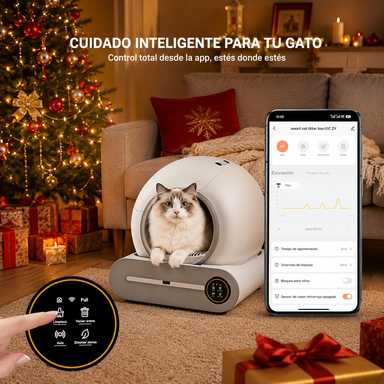Arenero para Gato Autolimpiable 65L+9L, Arenero Inteligente Automático con Control App, Eliminación de Olores, Incluye 5 Rollos Bolsas Basura y 1 Tapete, para Varios Gatos