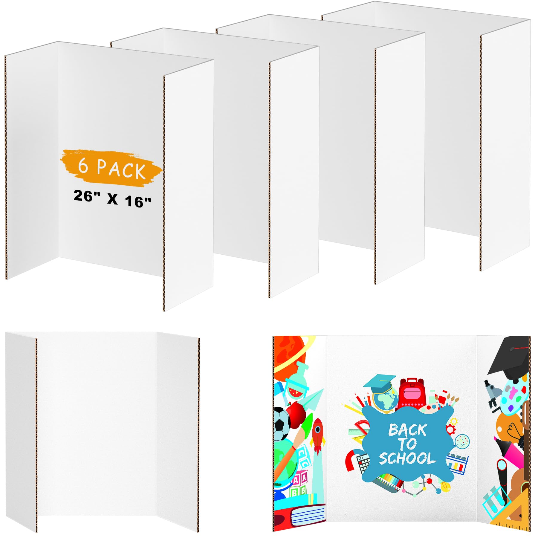 AKONEGE 6 Pack White Tri-Fold Display Board 400x666mm Foldable Presentation Poster Board, Corrugated Cardboard for Business & School Projects, Science Fair Display, Art Exhibits