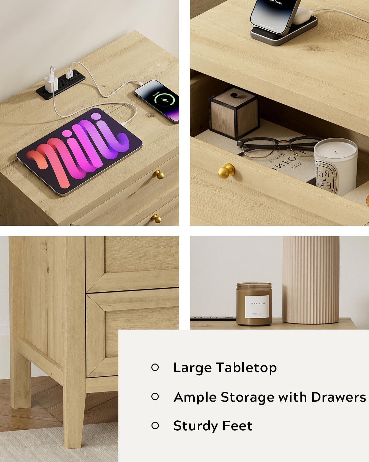 Farmhouse Nightstand with 3 Drawers Larger Night Stand with Charging Station Tall Bed Side Table Wide Nightstands End Table for Sofa, Bedroom, Living Room, Light Oak