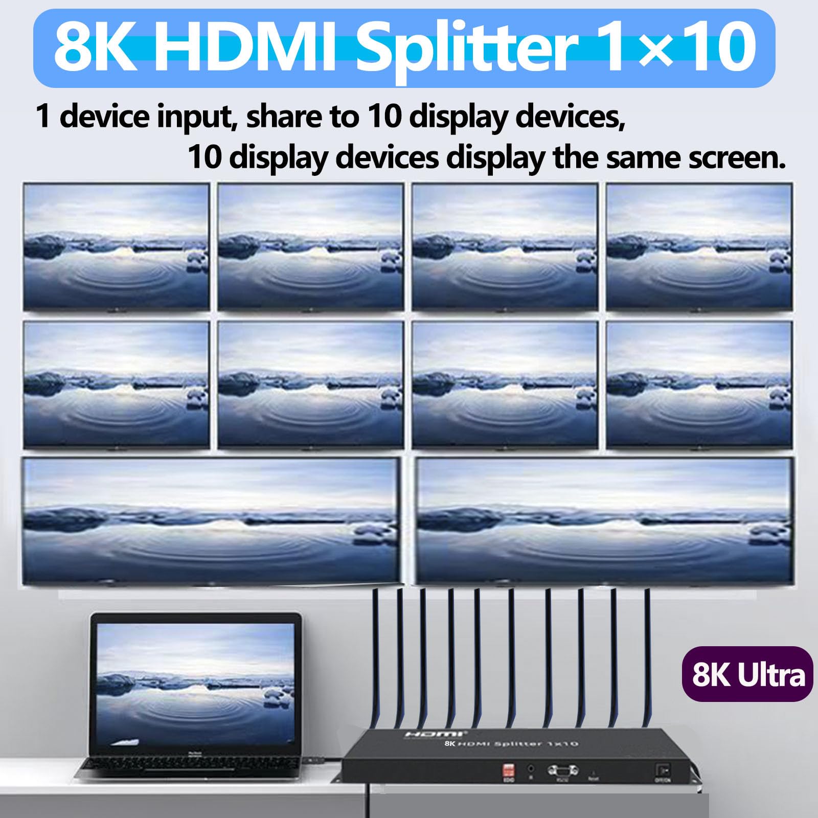 Divisor HDMI 1×10 Distribuidor del replicador HDMI2.1 8K Splitter asequible Multimonitor 8K @60Hz 1 en 10 salidas Full Ultra-HD con EDID RS232 Botón Rest Control 3D HDR 48Gbps para Xbox PS5 PS4 DVD