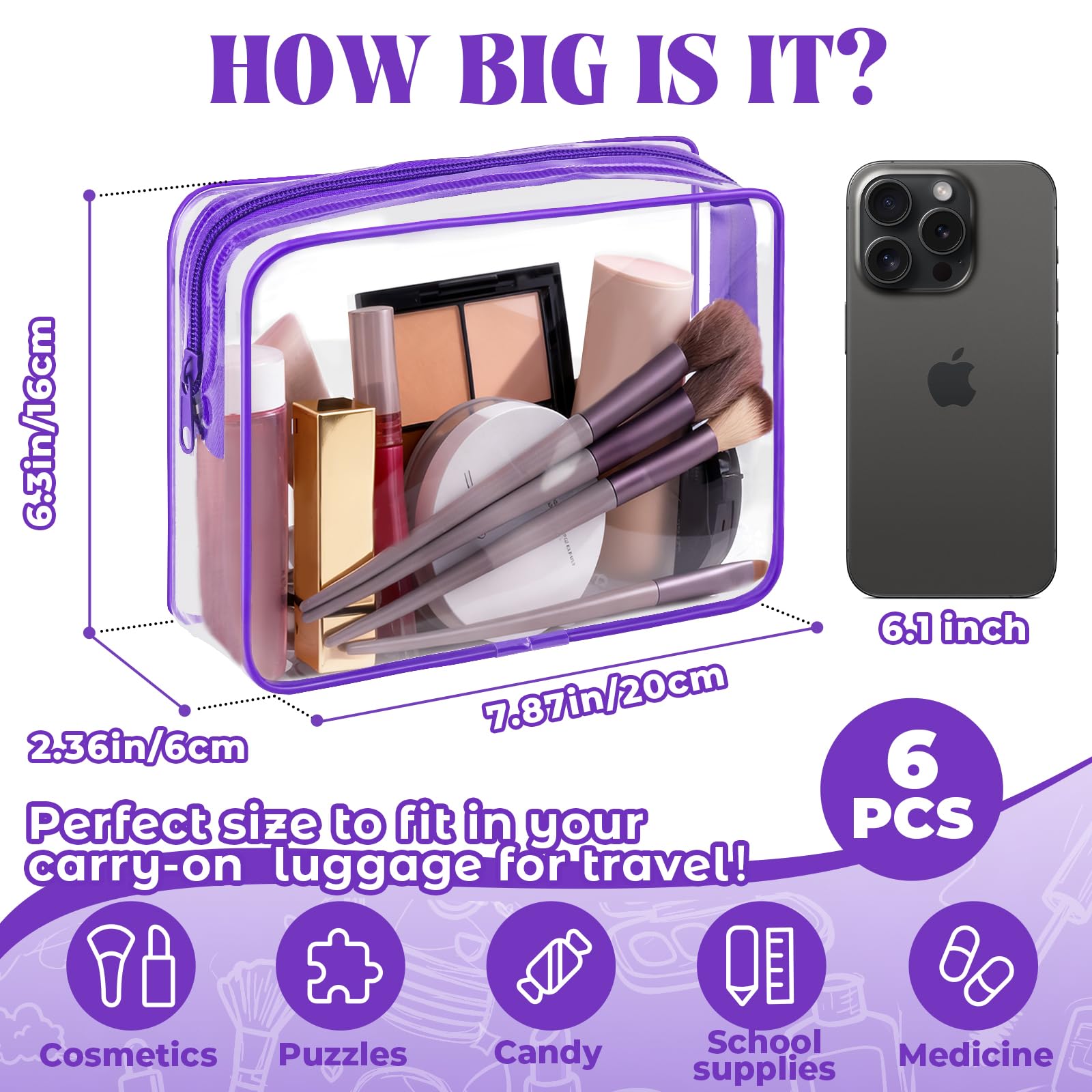 6 bolsas de maquillaje transparentes aprobadas por la TSA, bolsa de aseo para viajes, PVC, impermeable, bolsa de cosméticos transparente con cremallera para hombres y mujeres, artículos