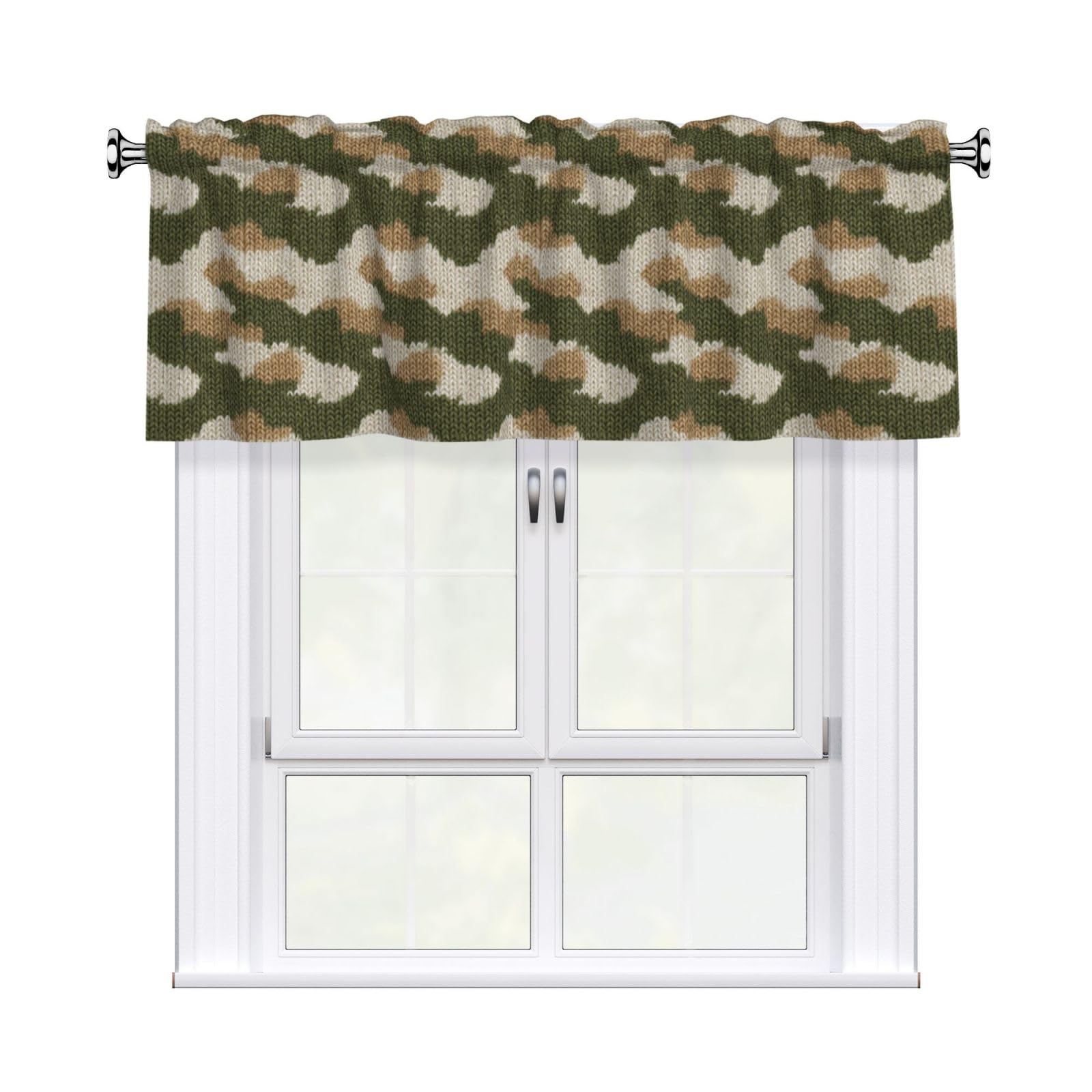 Woshuwo Camo Knit Pattern Sage Green Cream Valances For Windows Rod Pocket Window Treatment Short Curtains For Kitchen Living Room Bedroom Decor 54x18in