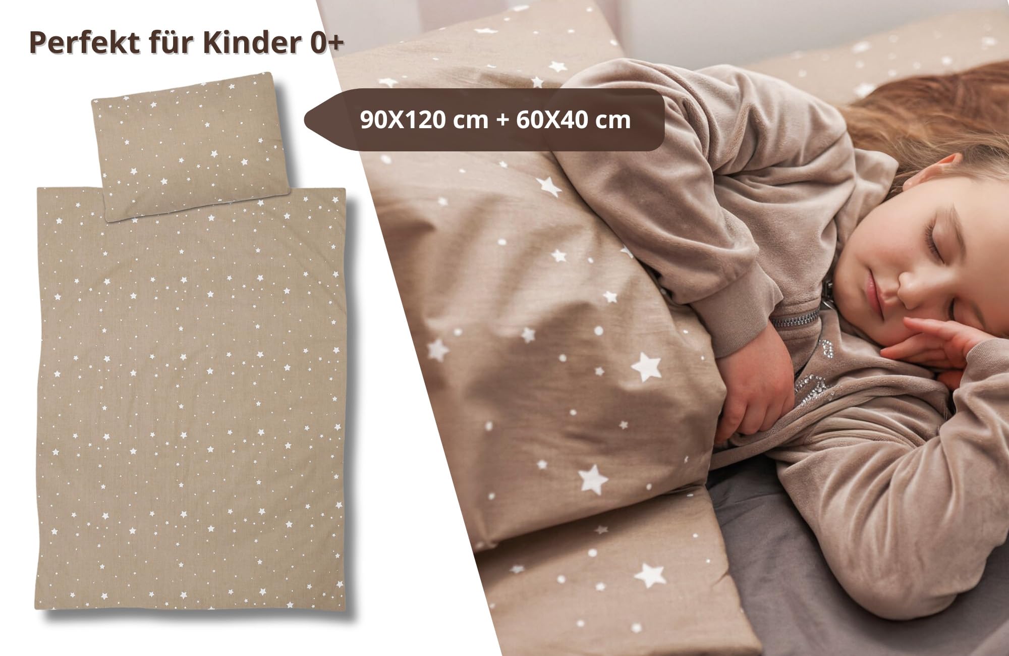 Totsy Baby Trapunta per bambino cotone 90x120 - piumono culla neonato set Imbottitura per piumone 90 x 120 cm con cuscino 40 x 60 cm per ragazzi e ragazze Oeko-Tex Beige con stelle bianche