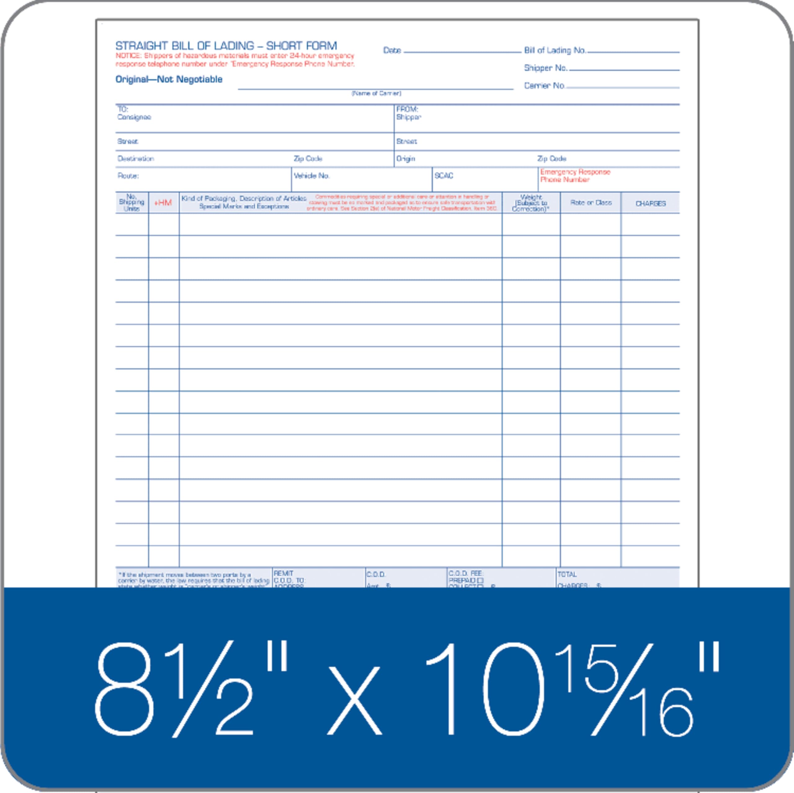 Straight Bill Of Lading – Short Form – Snap-out, 3-ply, Carbonless, 8.5″ X 7.75″ (0.75″ Top Tear-off) (Part # 862) – American Pride