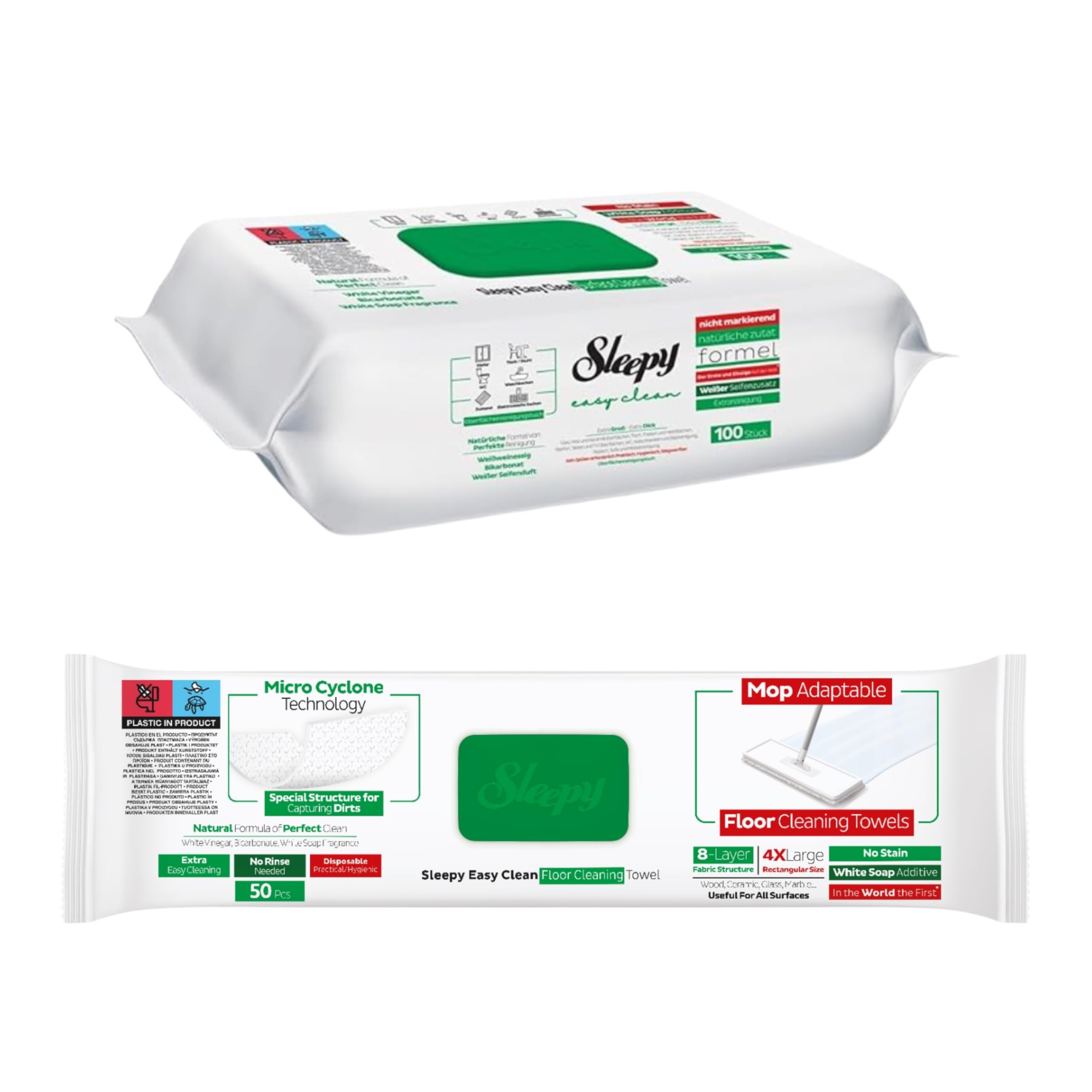 SLEEPYEasy Clean Home Essentials Set – White Soap Surface Cleaning Wipes (100 Sheets) + 4XL Floor Cleaning Wipes (50 Sheets) – Multi-Surface & Mop Compatible Cleaning Bundle
