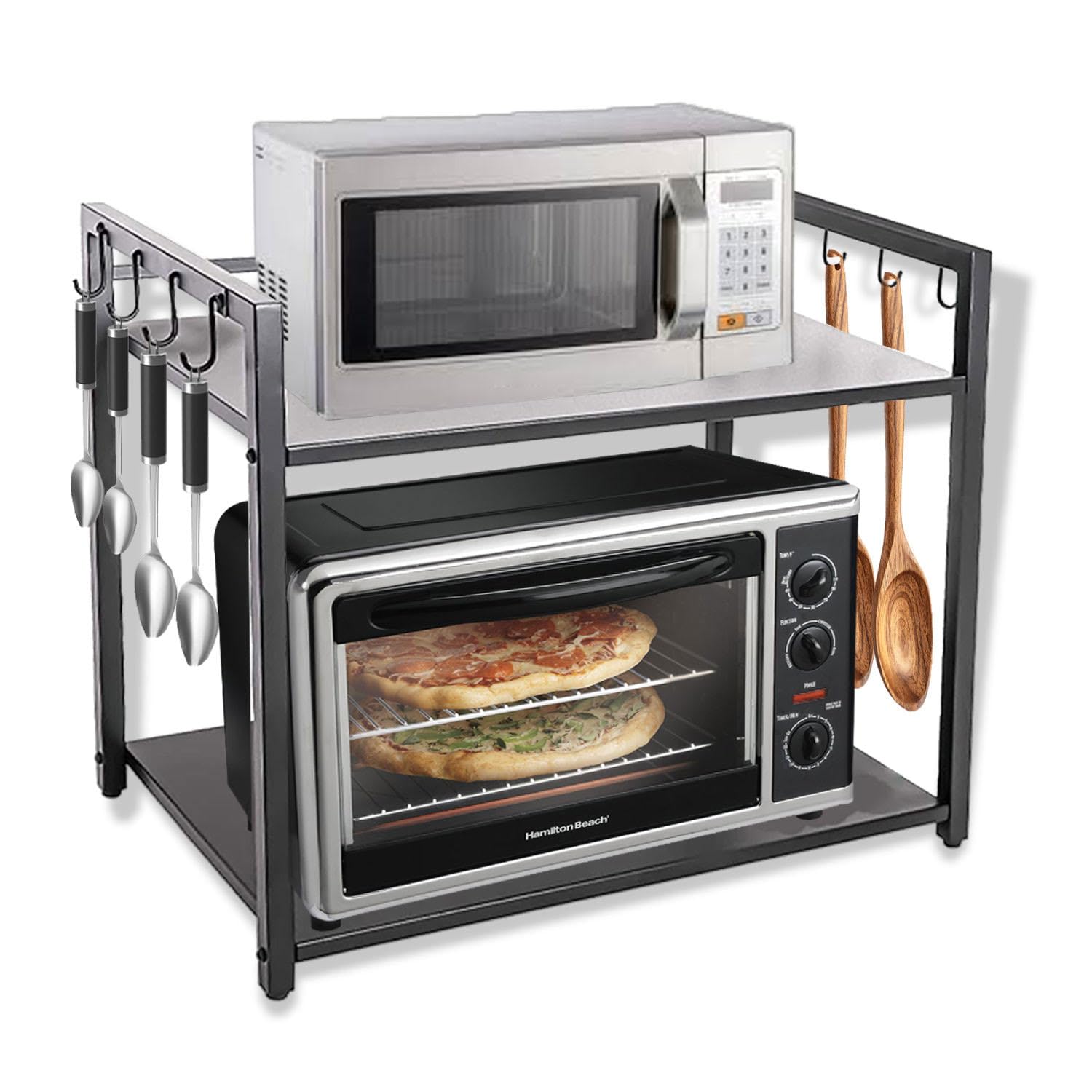 A to Z Hub || 2 Tier Metal Microwave Stand || Microwave & OTG Stand for Kitchen Counter|| Double Platform for Extra Storage with Hooks|| Kitchen Oven Rack